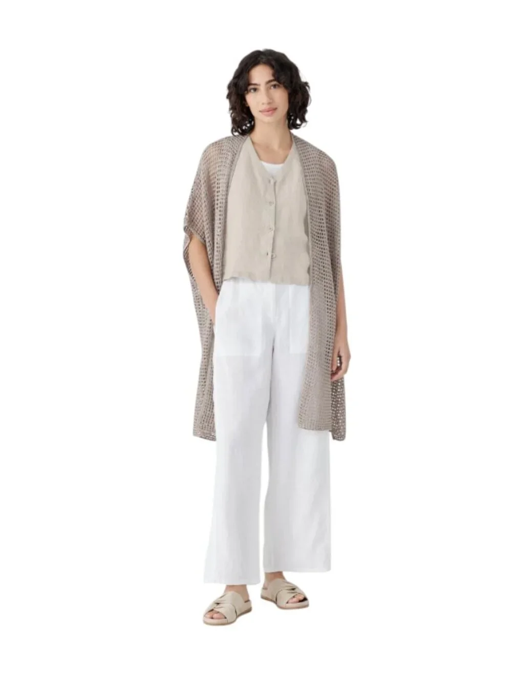 Eileen Fisher Delave Crochet Cardigan Sweater Womens XS Natural Tan Linen Knit